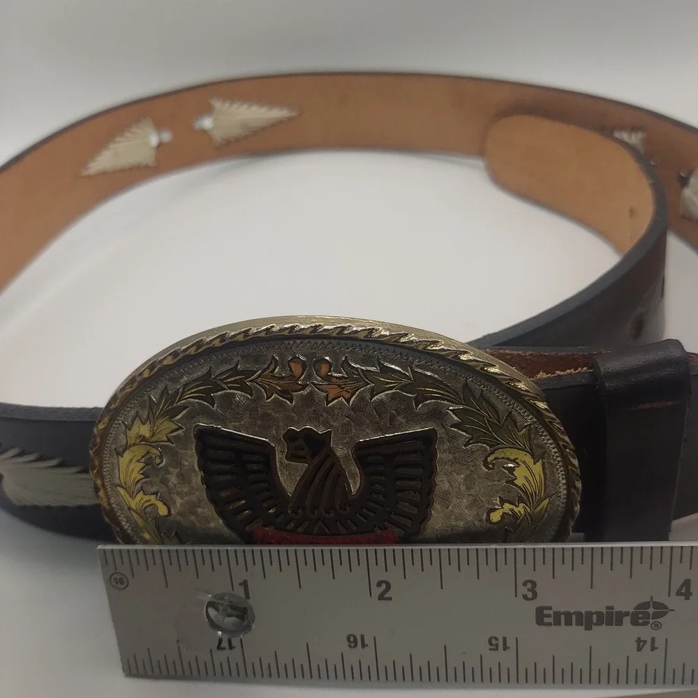 Goldwing Eagle Western Belt Black Leather Silver Gold‎ Tone Mens Size 38